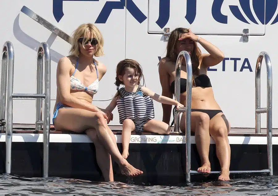 Sienna Miller on a yacht in Cannes, France with daughter Marlow Sturridge