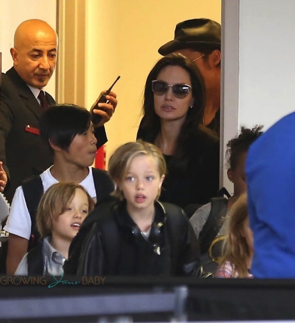 Angelina Jolie and Brad Pitt at LAX with their kids Shiloh, Vivienne and Pax