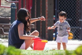 Lauren Silverman with son Eric Cowell at the park in Beverly Hills