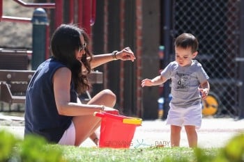 Lauren Silverman with son Eric Cowell at the park in Beverly Hills