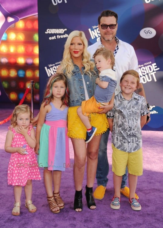 Tori Spelling and Dean McDermott attend the Inside Out Premiere with kids Liam, Stella, Hattie and Finn