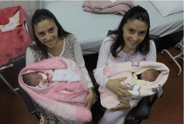 Identical Twins joyce and  jessica give birth on same day