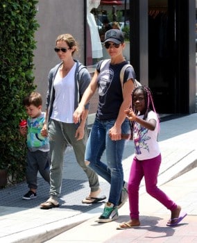 Jillian Michaels and Heidi Rhoades with kids Phoenix and Lukensia at Malibu Country Mart