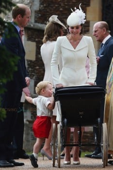 The Duke and Duchess and their children arrive at St Mary Magdalene Church for Princess Charlotte's christening with son Prince George