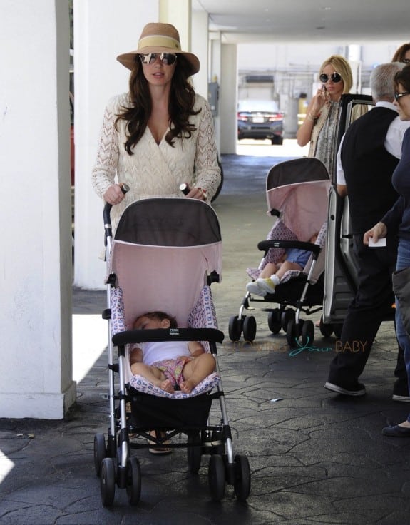 Tamara Ecclestone and sister Petra Stunt push their daughters in matching pink Fendi Monster strollers in Beverly Hills