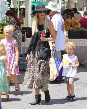 Tori Spelling at the Farmer's Market with kids Stella and Finn McDermott