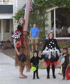 Alyson Hannigan with Alexis Denisoff out for halloween 2015 with kids Keeva and Satyana