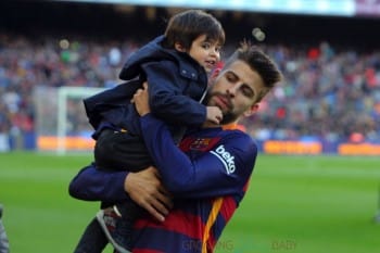 Gerard Pique with his son Milan at the La Liga match between FC Barcelona and Real Sociedad de Futbol