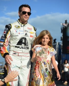 Jeff Gordon, driver of the #24 AXALTA Chevrolet, walks on the track with his daughter Ella Gordon prior to the start of the NASCAR Sprint Cup Series Ford EcoBoost 400 at Homestead-Miami Speedway