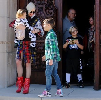 Gwen Stefani leaves church in LA with sons Kingston, Zuma and Apollo Rossdale