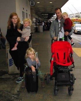 James Van Der Beek and wife Kimbery with kids Annabel, Olivia and Joshua at LAX