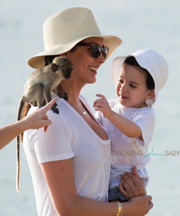 Lauren Silverman with son Eric Cowell on the beach in Barbados