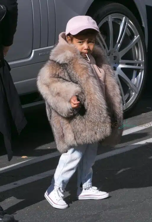 North West wears fur while shopping in Woodland Hills, California