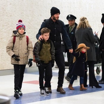 David Beckham at JFK with kids Romeo, Cruz and Harper
