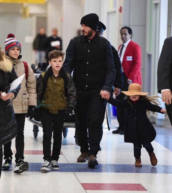 David Beckham at JFK with kids Romeo, Cruz and Harper