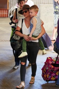 Hilary Duff is spotted at the airport in Maui with her son Luca Comrie on February 04, 2016