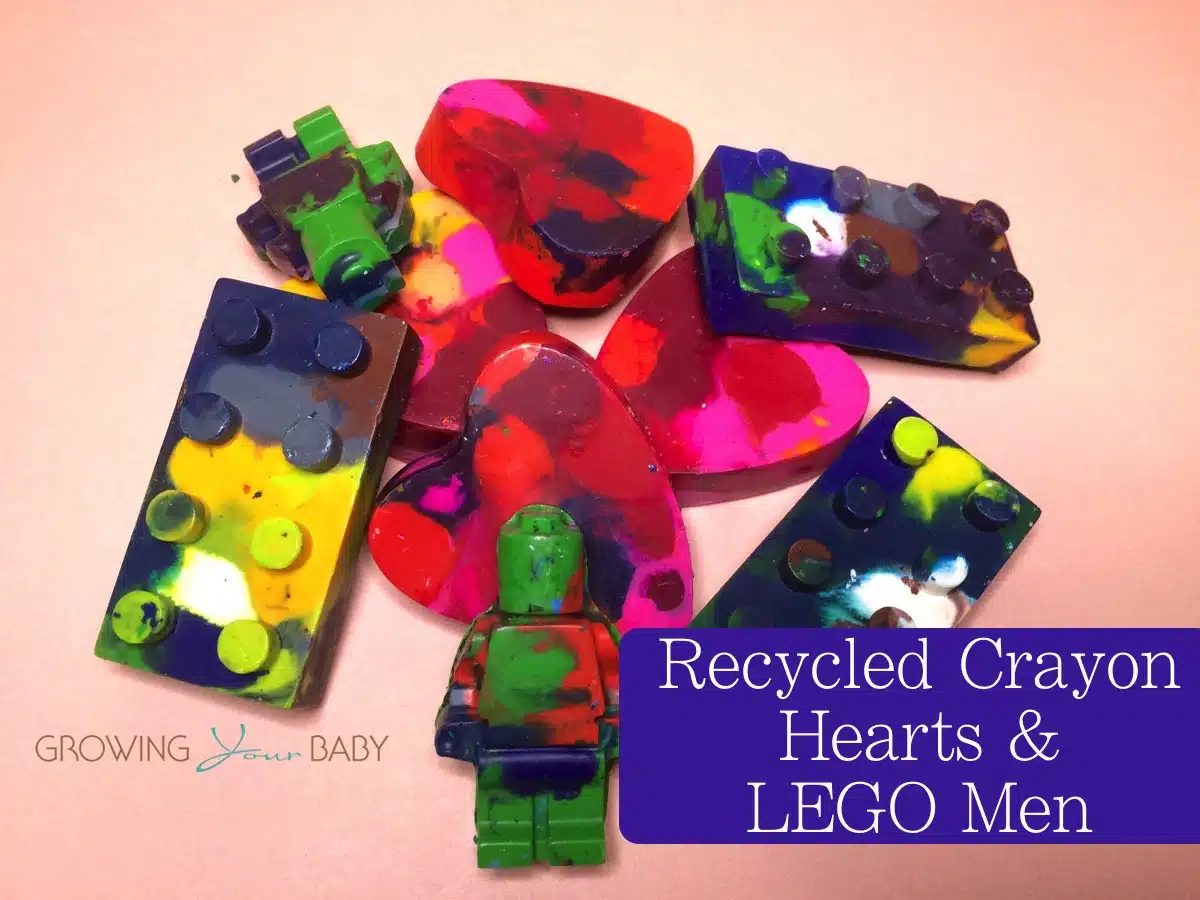 Recycled crayon craft - Lego men, blocks and hearts