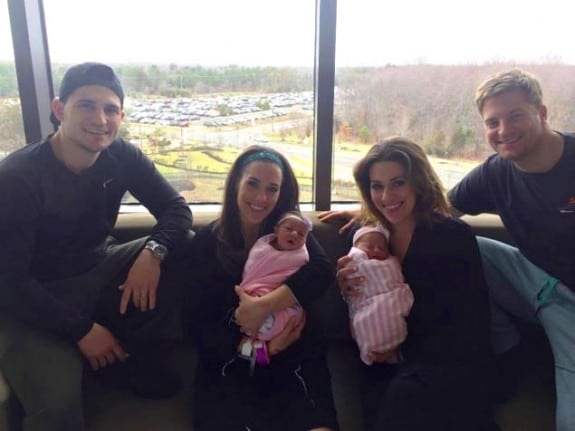 twins Stephanie Edginston and Nicole Montgomery with their daughters Cora and Louisa