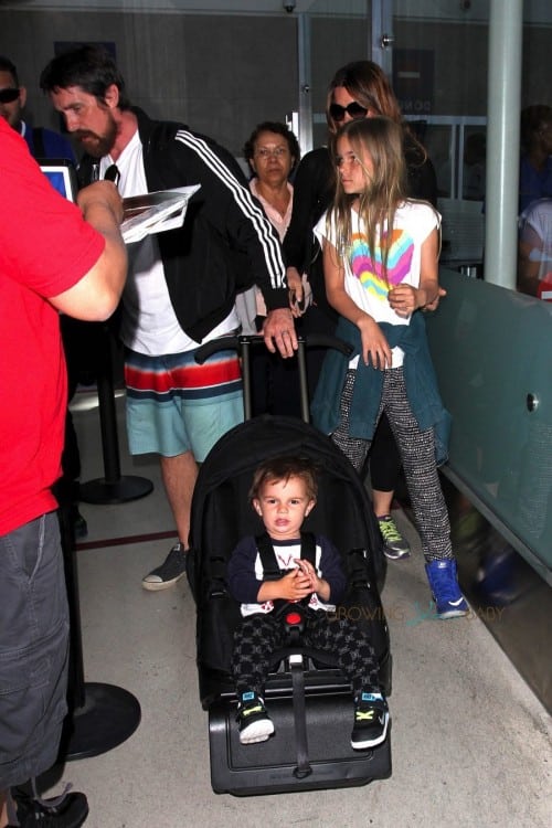 Christian Bale at LAX with son Joseph, his wife Sibi and daughter Emmeline