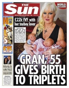 Sharon Cutts on the cover of the Sun with her triplets