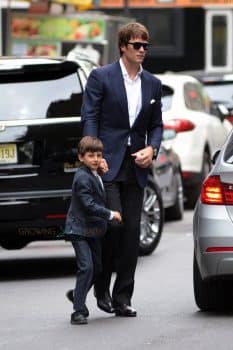 Tom Brady arriving at the Church of St. Thomas in NYC with son Ben