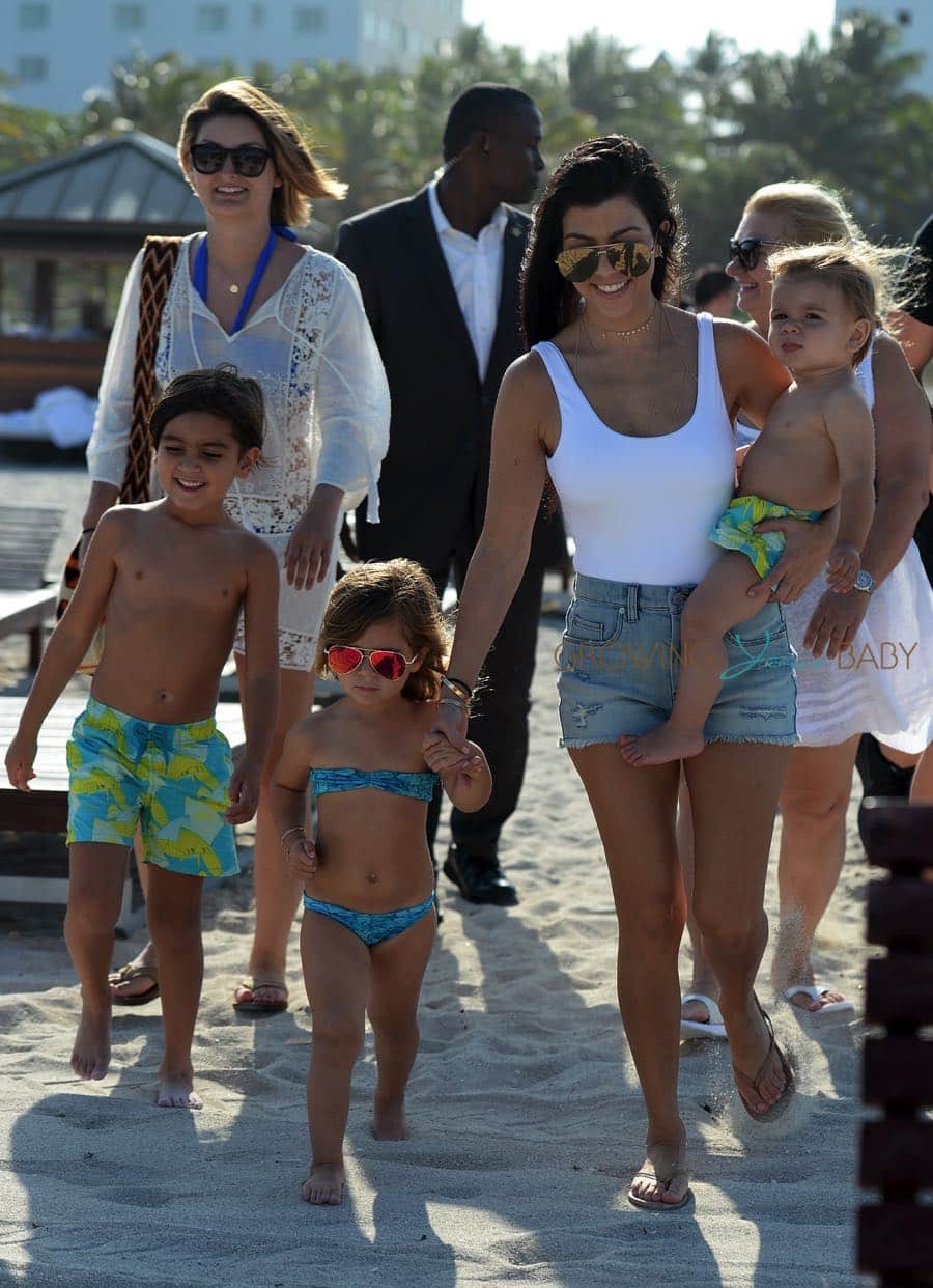Kourtney Kardashian at the beach in Miami with kids Mason, Penelope and Reign Disick