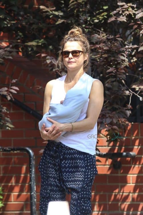 Keri Russell wears her baby boy in Brooklyn