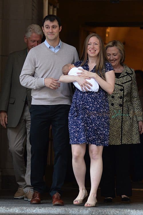 Marc Mezvinsky, Chelsea Clinton and son Aidan Clinton Mezvinsky leave the hospital in NYC