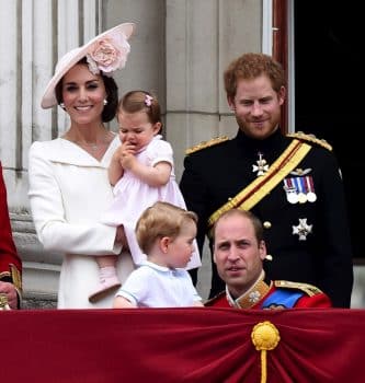 The Duke and Duchess of Cambridge watch the Trooping the colour 2016 with their children George and Charlotte and Prince Harry
