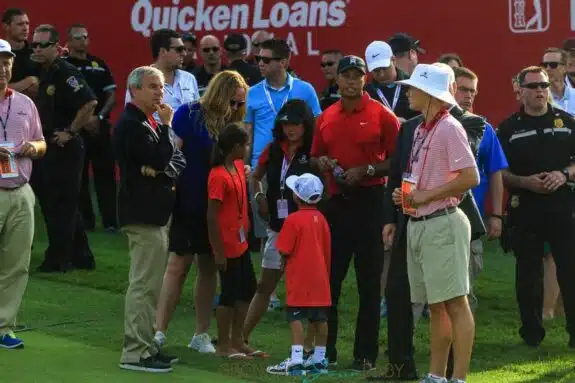 Tiger Woods attends the Quicken Loans National PGA Golf Tournament with his daughter Sam and son Charlie