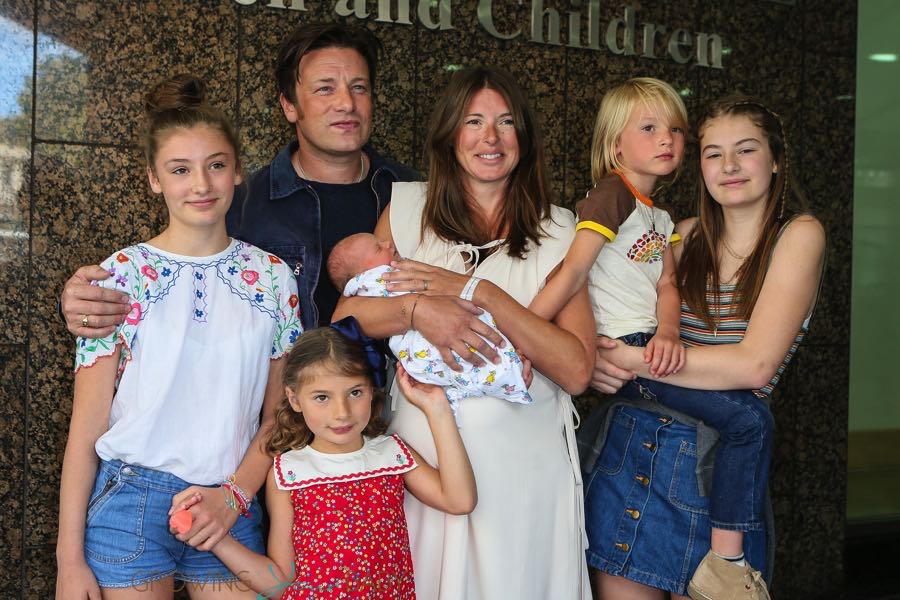 Jamie Oliver, Jules Oliver, Daisy Boo Pamela Oliver, Petal Blossom Rainbow Oliver, Buddy Bear Maurice Oliver, Poppy Honey Rosie Oliver leave the portland hospital with their new baby