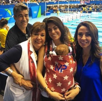 Nicole Michele Johnson and Deborah Phelps with baby Boomer at the Olympics