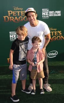 Pete Wentz with son Bronx at Pete's Dragon Premiere in Hollywood