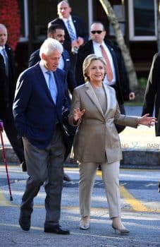 Democratic presidential candidate Hillary Clinton and her husband, former U.S. President Bill Clinton leave after casting their ballots at a polling station