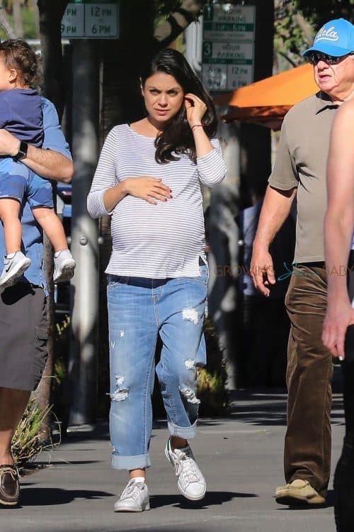 Pregnant Mila Kunis out for breakfast with her family in LA