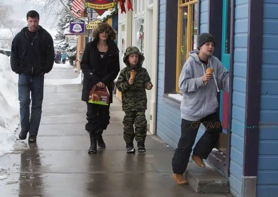 Actress Angelina Jolie is spotted out getting ice cream with her kids Shiloh and Knox in Crested Butte, Co