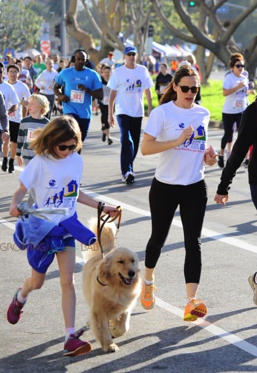 Jennifer Garner at a marathon with their dog in LA