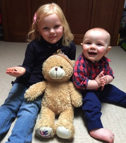 Carly and Dru White, with the bear with one of the plastic eyes missing