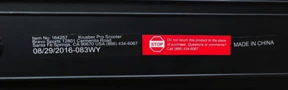 Label on Pulse Performance Krusher Pro Freestyle scooters