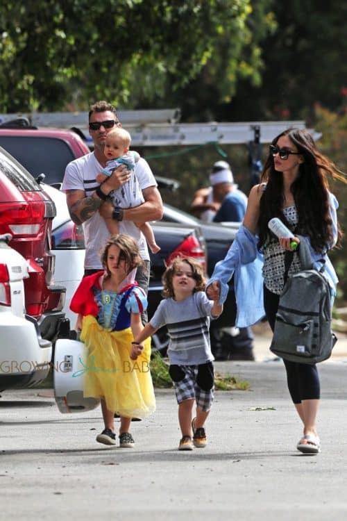 Megan Fox and husband Brian Austin Green and their boys Noah, Journey and Bodhi leave Nobu Restaurant