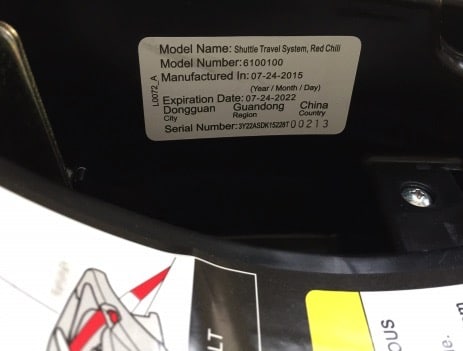 Model number on car seat base