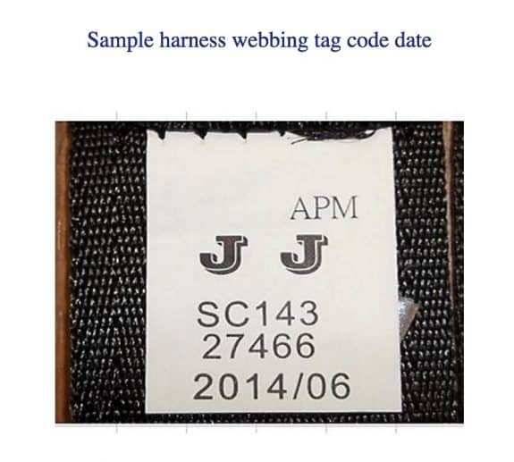 recalled My Ride 65 Car Seat sample harness webbing tag code
