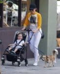 Anne Hathaway and her son Jonathan take their pooch for a stroll