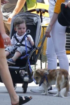 Anne Hathaway and her son Jonathan take their pooch for a stroll in NYC