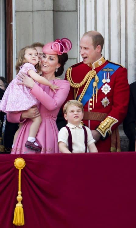 Princess Charlotte of Cambridge, Catherine, Duchess of Cambridge, Prince George of Cambridge and Prince William, Duke of Cambridge atBuckingham Palace during the Trooping the Colour parade