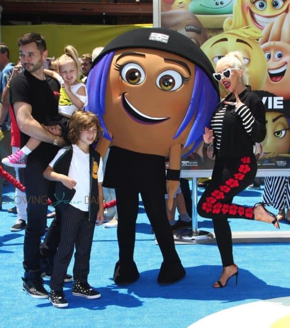 Christina Aguilera, Matthew Rutler with kids Summer and Max Bratman at Emoji movie premiere