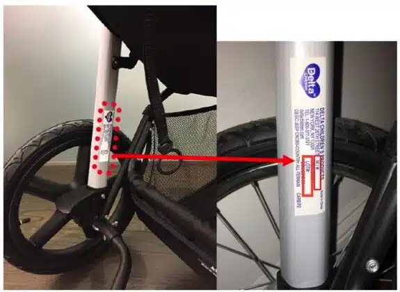 Delta label located in the left bottom frame support bars