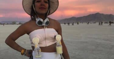 Miki Agrawal at burning man pumping breast milk for lattes