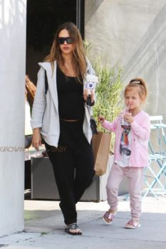 Pregnant Jessica Alba out in West Hollywood with her daughters Haven and Honor Warren