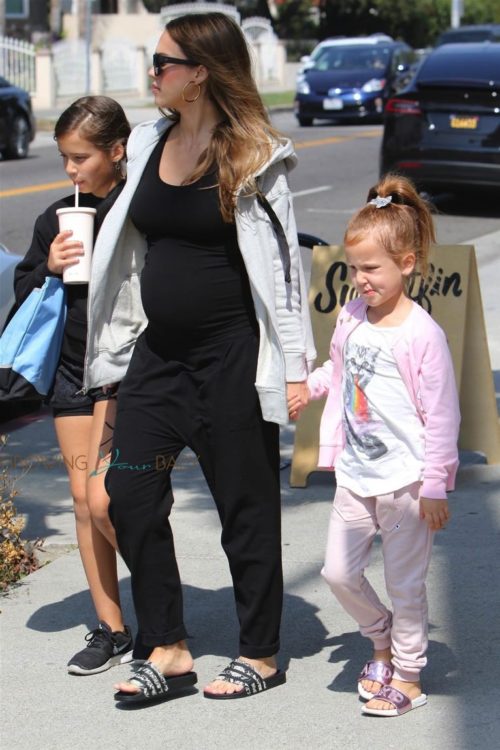 Pregnant Jessica Alba out in West Hollywood with her daughters Haven and Honor Warren